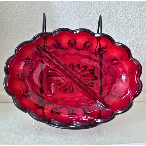 Vintage Avon Cape Cod Ruby Red Divided Relish Dish – Oval Scalloped Edge - Picture 1 of 8